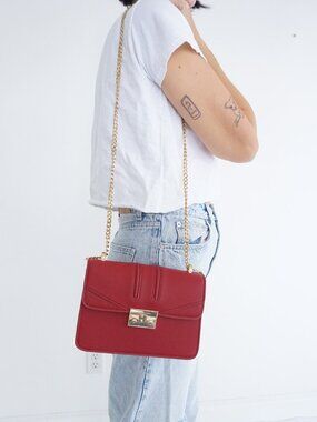 Charles & Keith Red Leather Gold Chain Turn Lock Flap Shoulder Crossbody Bag